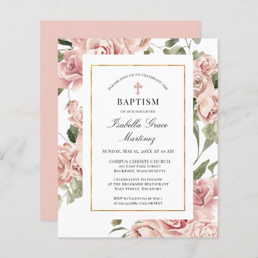 Budget roze Rose Floral Cross Baptism Uitnodiging (Voorkant / Achterkant)
