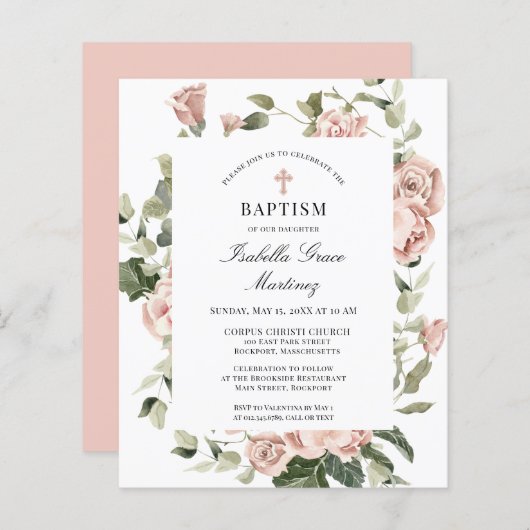 Budget roze Rose Floral Cross Baptism Uitnodiging (Voorkant / Achterkant)