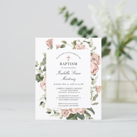 Budget roze Rose Floral Cross Baptism Uitnodiging (Staand voorkant)