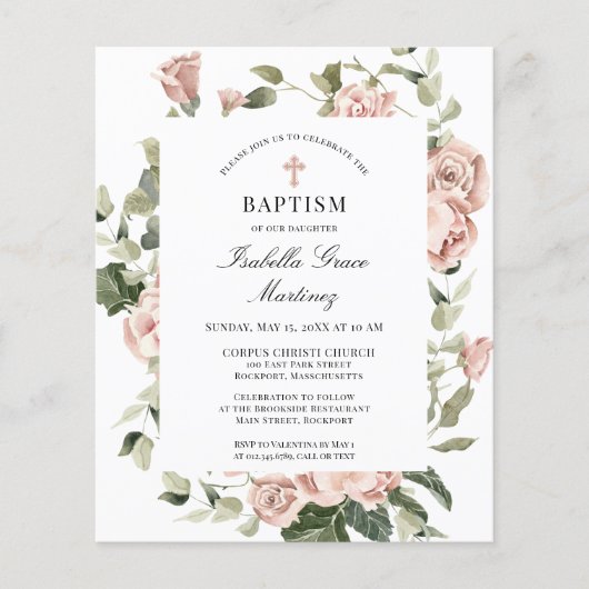 Budget roze Rose Floral Cross Baptism Uitnodiging (Voorkant)