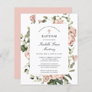 Budget roze Rose Floral Cross Baptism Uitnodiging