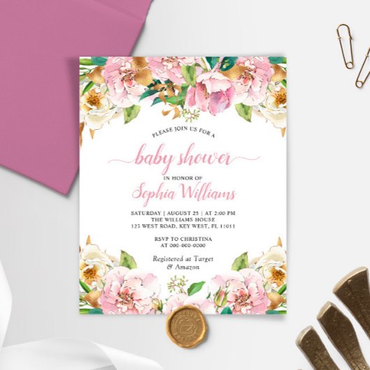 Budget roze Rose & Gold Baby shower uitnodiging