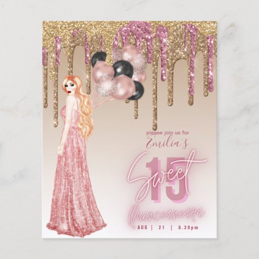 BUDGET Roze Rose Gold Glitter Quinceanera Red Hair Flyer (Voorkant)