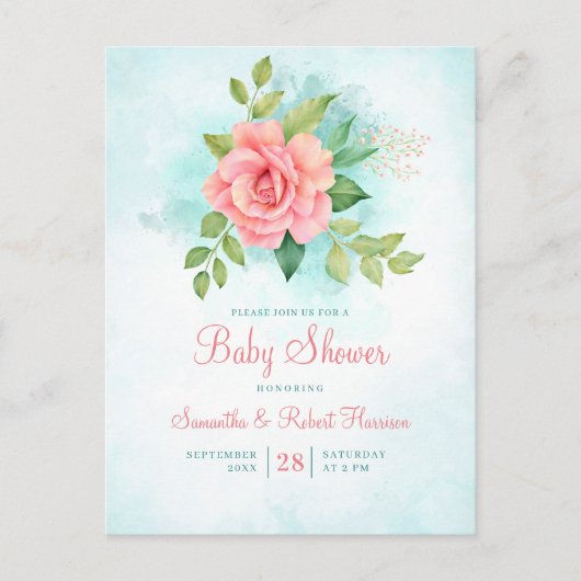 Budget roze Rose Turquoise Floral Baby shower Uitnodiging Briefkaart (Voorkant)