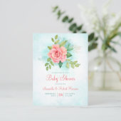 Budget roze Rose Turquoise Floral Baby shower Uitnodiging Briefkaart (Staand voorkant)