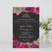 Budget roze Roses Black Gold Sweet 16 Uitnodiging (Staand voorkant)