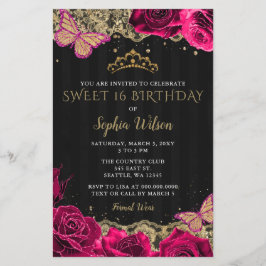 Budget roze Roses Black Gold Sweet 16 Uitnodiging