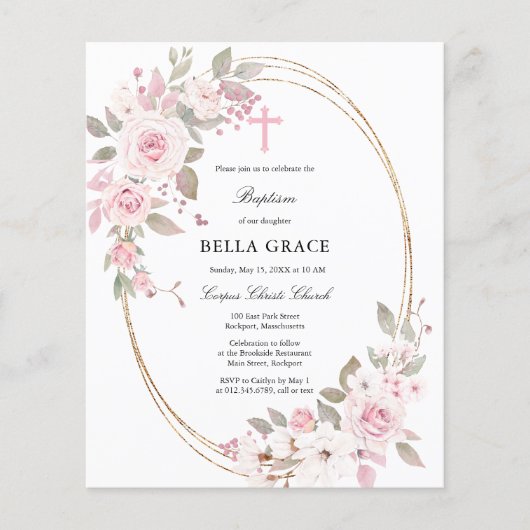 Budget Roze Roze Floral Baptism Uitnodiging (Voorkant)