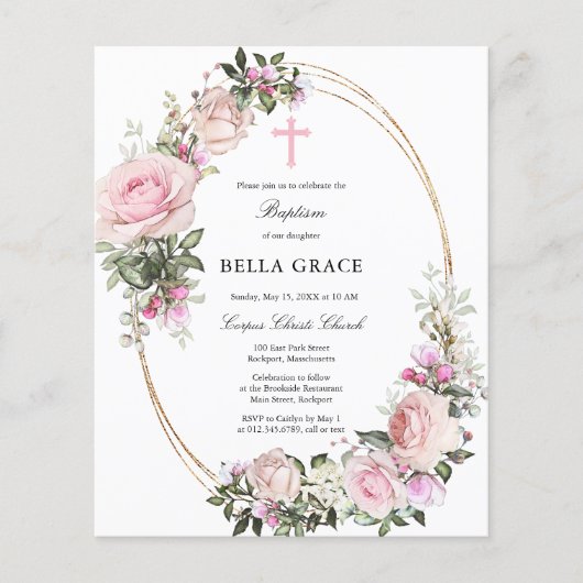 Budget Roze Roze Floral Baptism Uitnodiging (Voorkant)