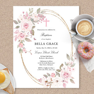 Budget Roze Roze Floral Baptism Uitnodiging