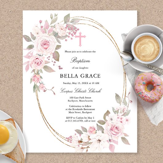 Budget Roze Roze Floral Baptism Uitnodiging