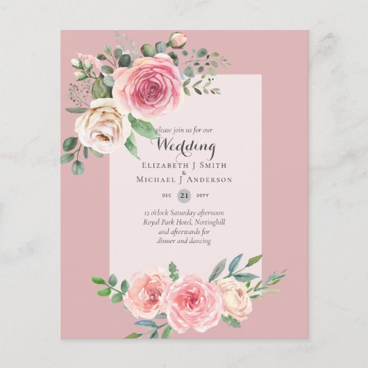 BUDGET Roze Rozen Bloemen Huwelijksuitnodigingen Flyer (Voorkant)