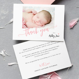 Budget roze schrift baby shower bedankt notitiekaartje