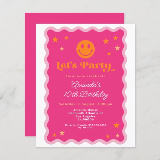 Budget Roze Sinaasappel Smile Face Wavy Verjaardag (Voorkant / Achterkant)