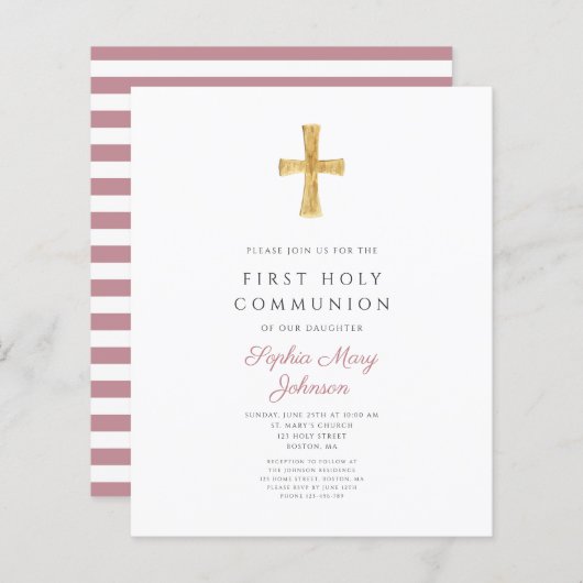 Budget Roze Strepen Meisje Eerste Communie (Voorkant / Achterkant)