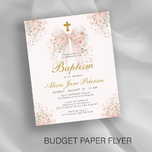 Budget roze strik bloemig meisjes doop uitnodiging flyer