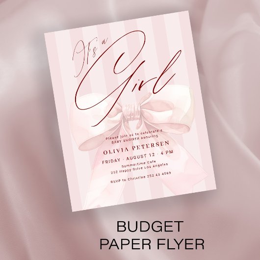 Budget roze strik het is een meisje babyshower uit flyer