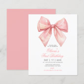 Budget Roze Strik Meisje Eerste Verjaardagsuitnodi (Voorkant / Achterkant)