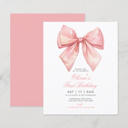 Budget Roze Strik Meisje Eerste Verjaardagsuitnodi (Voorkant / Achterkant)