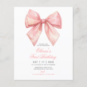 Budget Roze Strik Meisje Eerste Verjaardagsuitnodi (Voorkant)