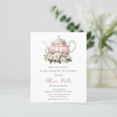 Budget Roze Tea Party Meisje Baby shower Uitnodige (Staand voorkant)