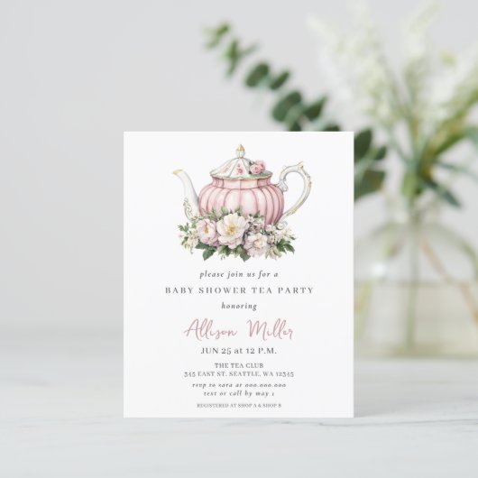 Budget Roze Tea Party Meisje Baby shower Uitnodige (Staand voorkant)