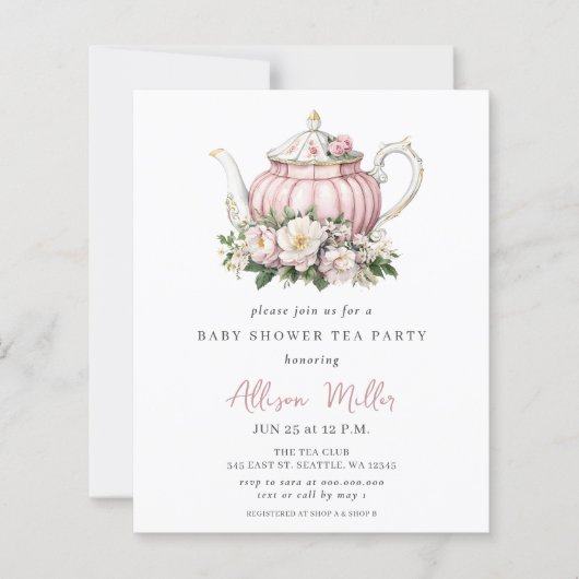 Budget Roze Tea Party Meisje Baby shower Uitnodige (Voorkant)