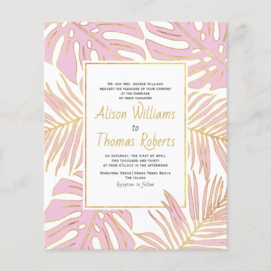 BUDGET roze tropische bladeren bruiloft uitnodigin (Voorkant)