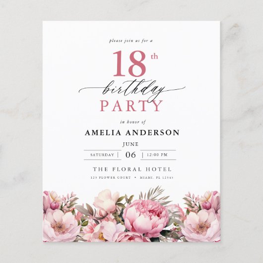 Budget Roze Tuin Bloemen 18e Verjaardag Uitnodigin (Voorkant)
