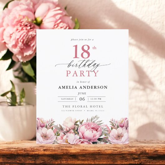 Budget Roze Tuin Bloemen 18e Verjaardag Uitnodigin