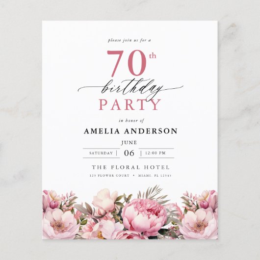 Budget Roze Tuin Bloemen 70ste Verjaardag Uitnodig (Voorkant)