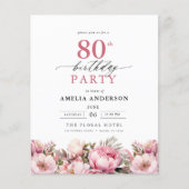 Budget Roze Tuin Bloemen 80ste Verjaardag Uitnodig (Voorkant)