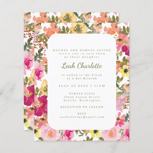 Budget roze Waterverf Floral Bat Mitzvah nodigt ui (Voorkant / Achterkant)