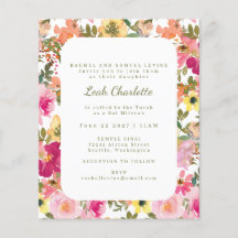 Budget roze Waterverf Floral Bat Mitzvah nodigt ui