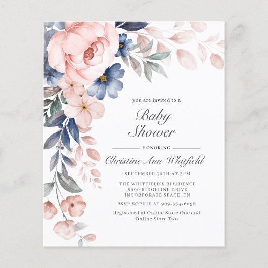 Budget Roze Waterverf Floral Blush Baby shower (Voorkant)