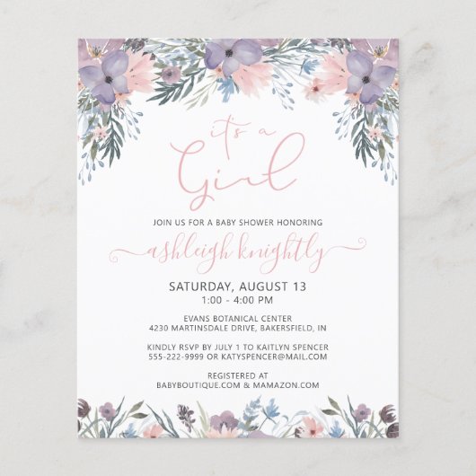 Budget Roze Waterverf Floral Girl Baby shower (Voorkant)