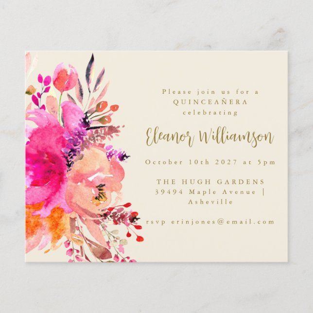 Budget Roze Waterverf Floral QUINCEAÑERA Invite (Voorkant)