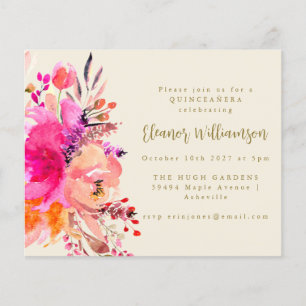 Budget Roze Waterverf Floral QUINCEAÑERA Invite