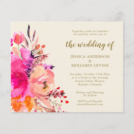 Budget roze Waterverf Floral Wedding Invite (Voorkant)
