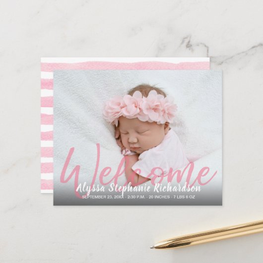 Budget roze Welkom 1 Foto Baby Aankondiging (Voorkant / Achterkant in situ)