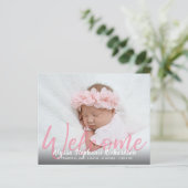 Budget roze Welkom 1 Foto Baby Aankondiging (Staand voorkant)