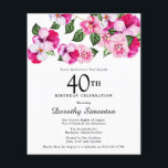 Budget Roze White Floral 40th Birthday Uitnodiging<br><div class="desc">Heldere en kleurrijke,  vrouwelijke paniekjes versieren de top van dit 40ste verjaardagsfeest. De  bloemen zijn een combinatie van magenta,  roze en wit. Ze worden in donkergroene bloemen genaaid. Dit item maakt deel uit van het collectie Roze Pansy. Naast uitnodigingsbenodigdheden,  zult u passende partijbenodigdheden en giften vinden.</div>
