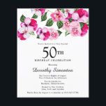 Budget Roze White Floral 50th Birthday Uitnodiging<br><div class="desc">Heldere en kleurrijke,  vrouwelijke paniekjes versieren de top van dit 50ste verjaardagsfeest. De  bloemen zijn een combinatie van magenta,  roze en wit. Ze worden in donkergroene bloemen genaaid. Dit item maakt deel uit van het collectie Roze Pansy. Naast uitnodigingsbenodigdheden,  zult u passende partijbenodigdheden en giften vinden.</div>