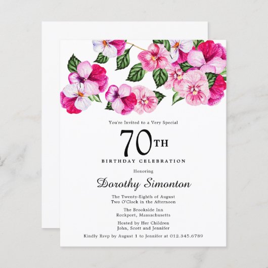 Budget Roze White Floral 70th Birthday Invitation (Voorkant / Achterkant)