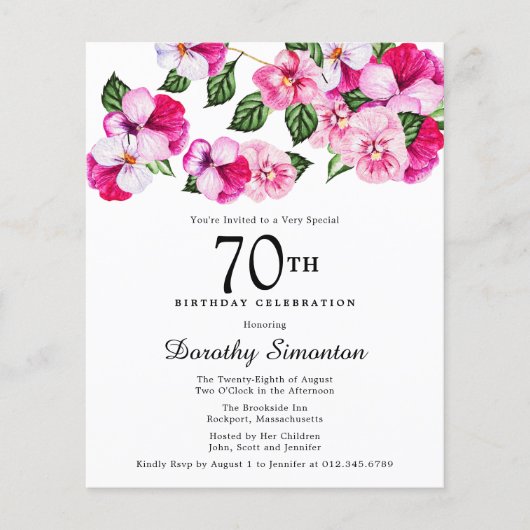 Budget Roze White Floral 70th Birthday Invitation (Voorkant)