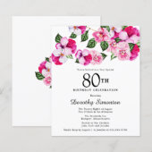 Budget Roze White Floral 80th Birthday Invitation (Voorkant / Achterkant)