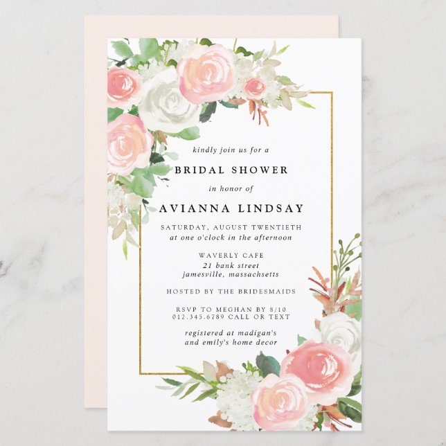 Budget Roze White Floral Bridal Shower Uitnodiging (Voorkant / Achterkant)