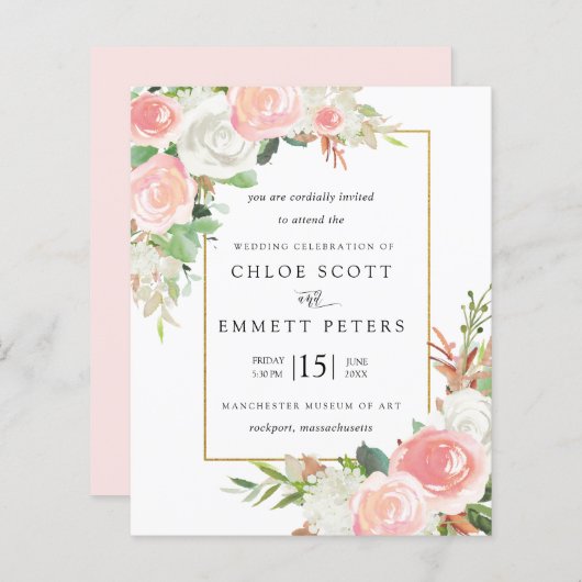 Budget roze White Floral Rustic Wedding Invitation (Voorkant / Achterkant)