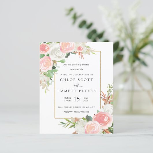 Budget roze White Floral Rustic Wedding Invitation (Staand voorkant)