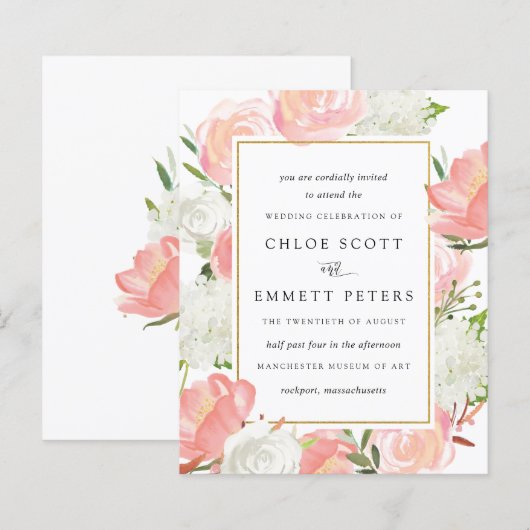 Budget roze White Floral Rustic Wedding Invitation (Voorkant / Achterkant)